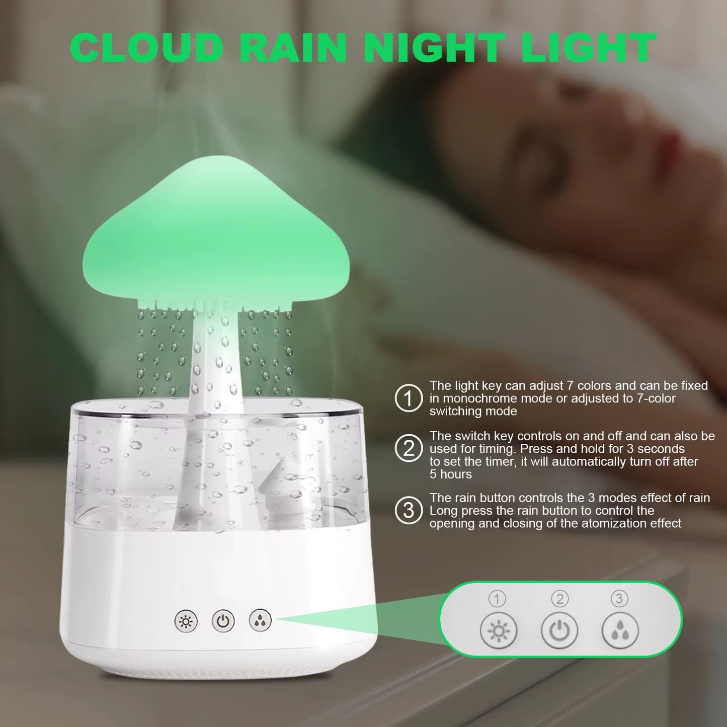 Cloud Rain Humidifier for Bedroom with Soothing Rain Sounds, Water Drip Mushroom Humidifiers 7 Colors Mood Raindrop Diffuser
